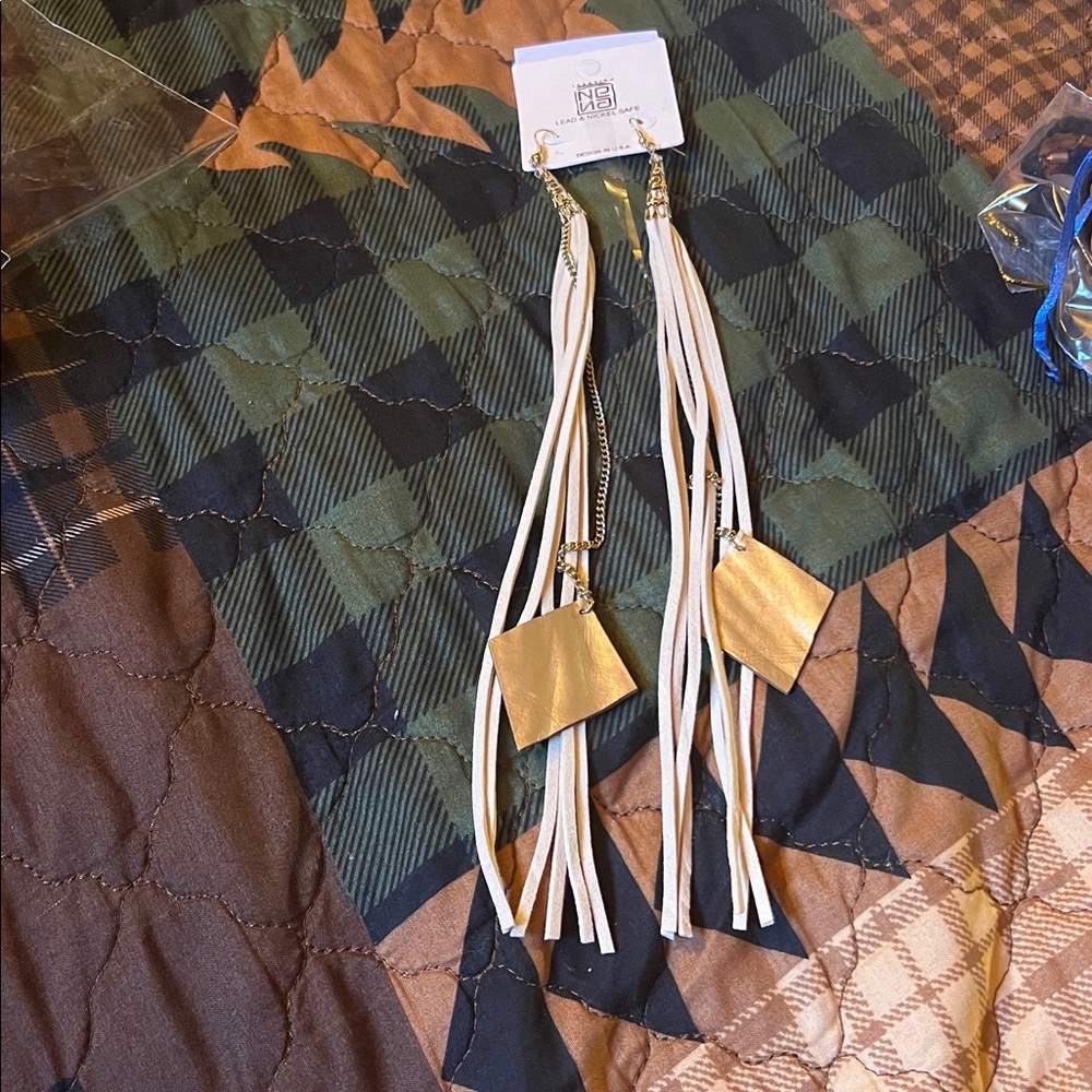 NWT No Boundaries Cream Long Leather Tassel Earrings Nickel & Lead Safe